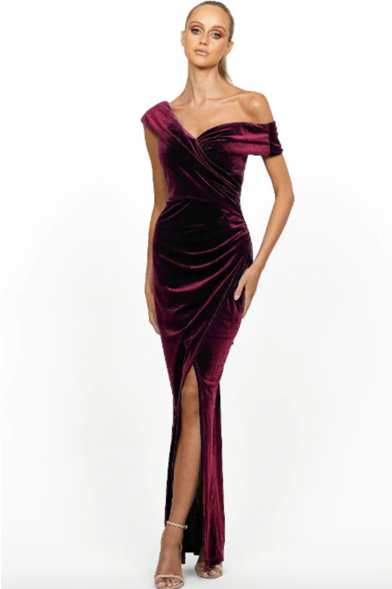 Ciara Off Shoulder Gown in Wine by Bariano - RENTAL