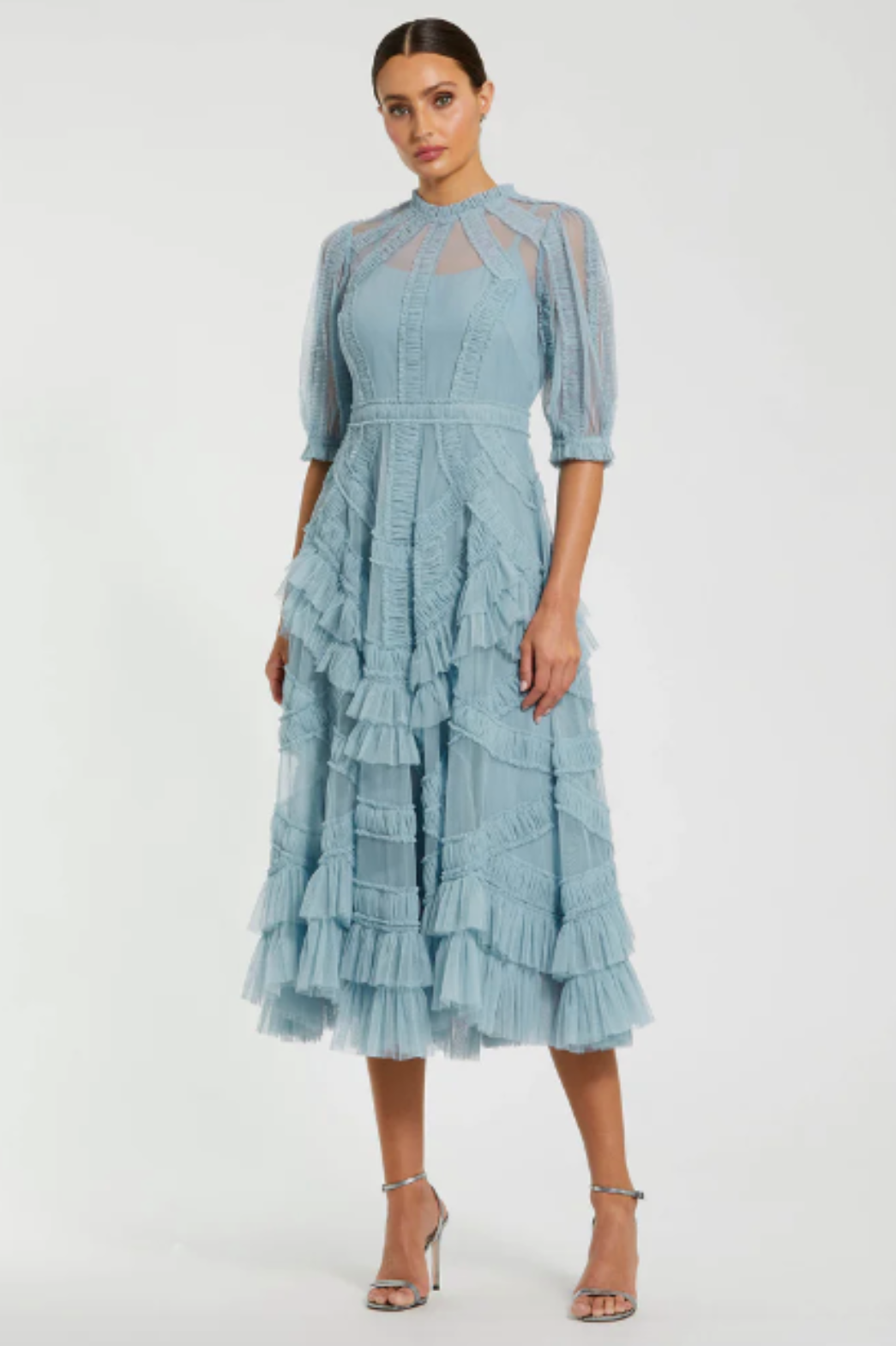 Nava Ruffle Designers Remix Saga Ruffle Dress Periwinkle Ruffle Midi Dress  By Mac Duggal RENTAL  The