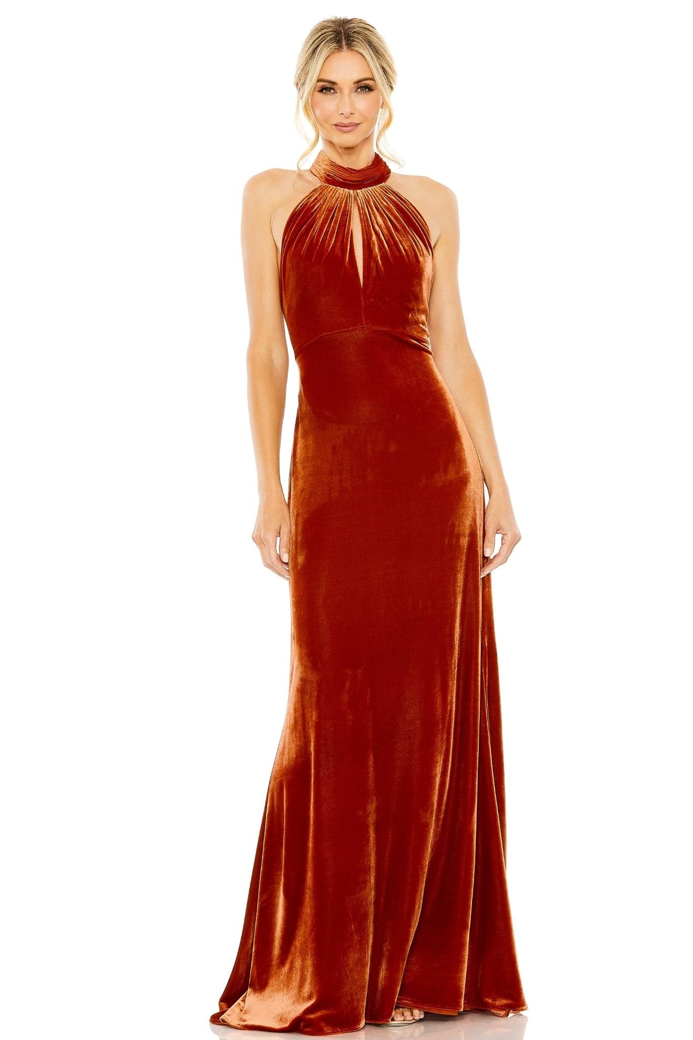 Pasha Halter Gown in Burnt Orange by Mac Duggal - RENTAL The Fitzroy Pasha Halter Gown in Burnt Orange by Mac Duggal - RENTAL The Fitzroy