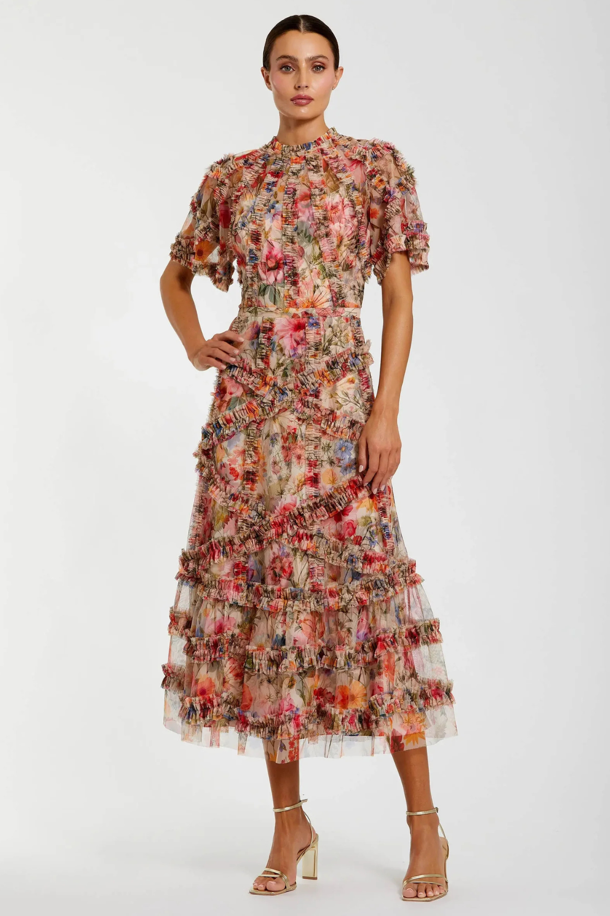 knee length dresses for ladies MABLE Floral Ruffle Shoulder Tiered Midi Dress – Charming Charlie main image 1