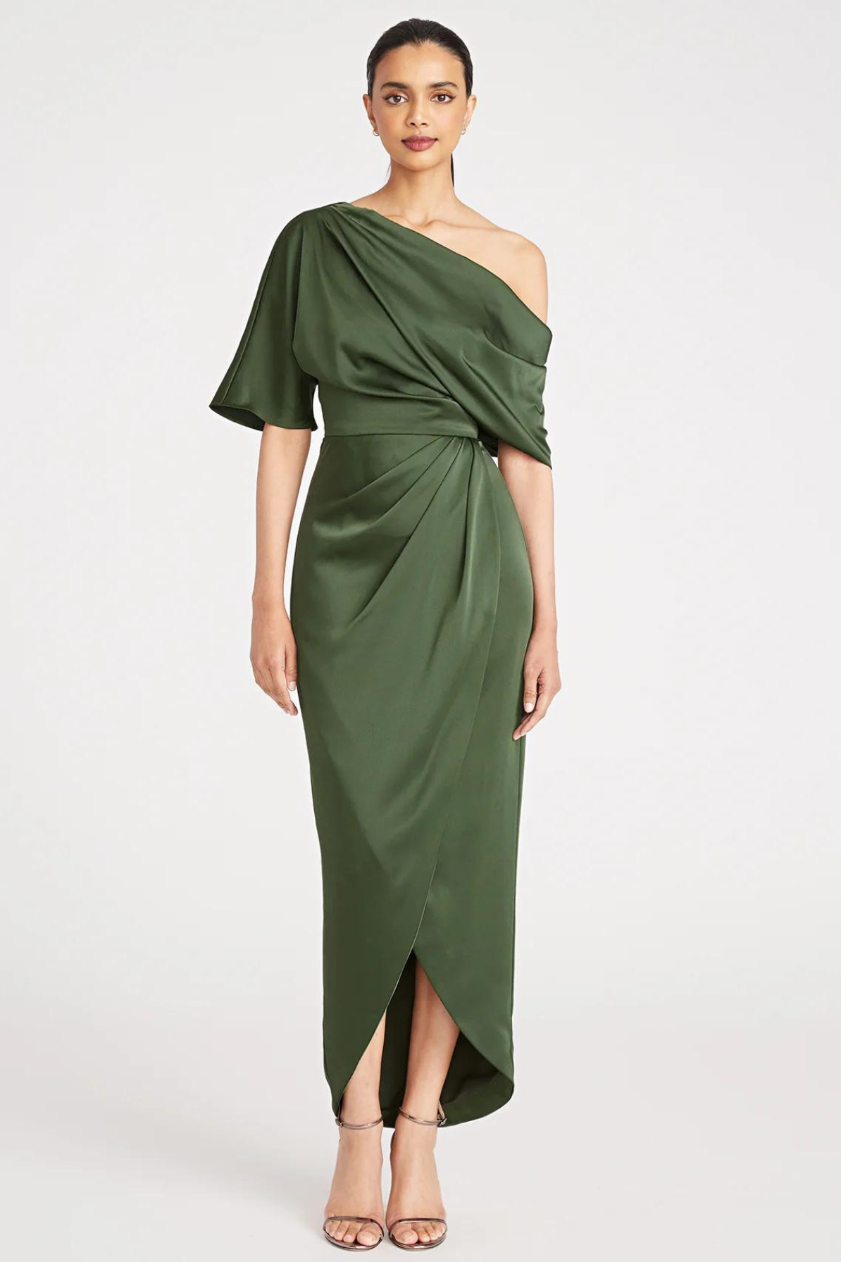 Rayna One Shoulder Draped Dress in Green by Theia Couture