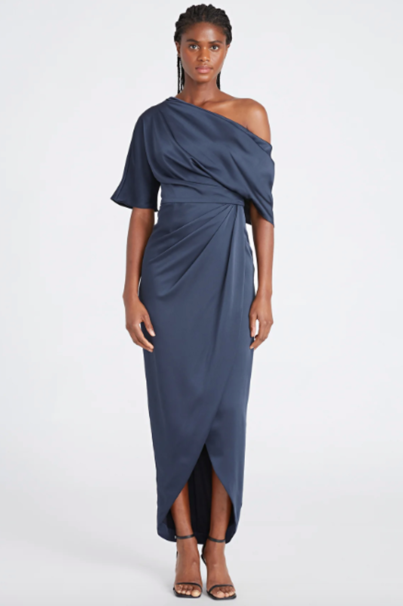 Rayna One Shoulder Draped Dress in Blue by Theia Couture RENTAL The Fitzroy