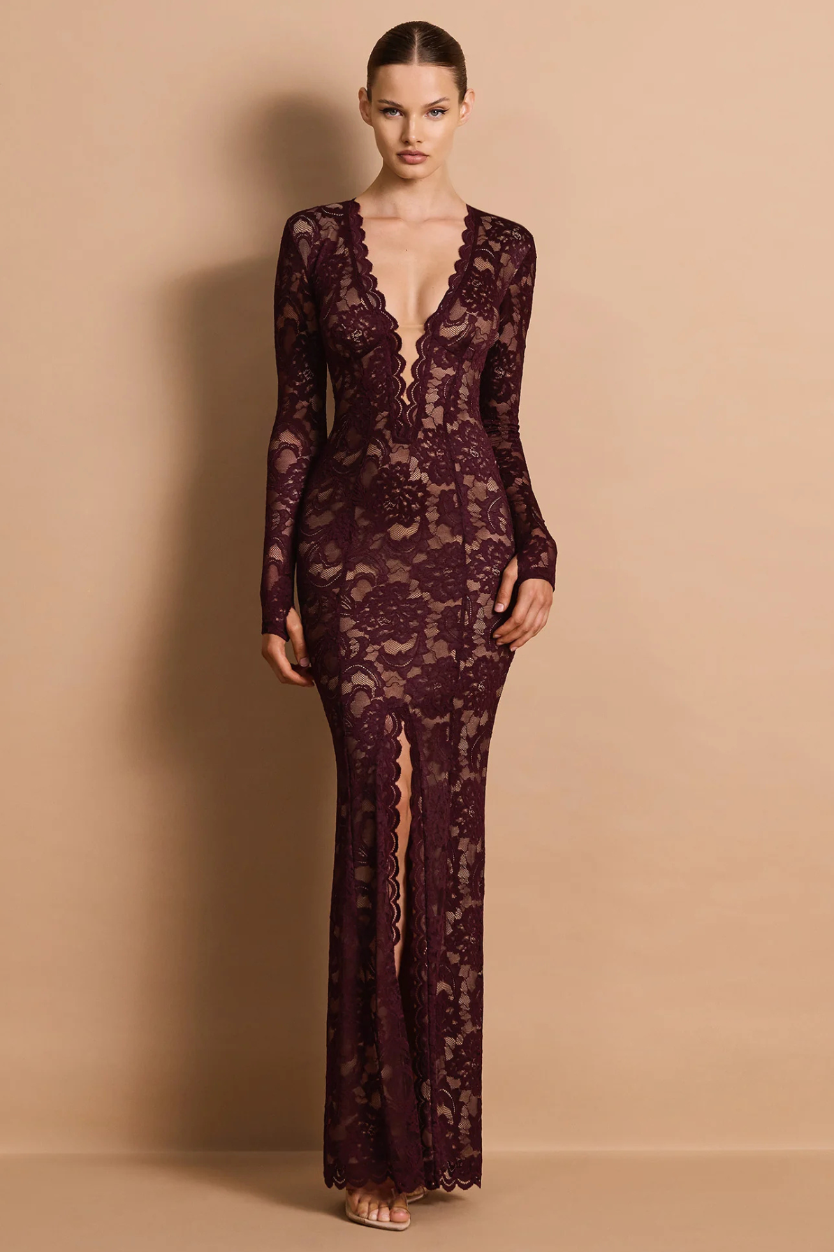 nookie lace dress Delphine Gown by color-linen This gown is both Long Sleeve Beaded Cocktail Style:V-neck Maxi Dress