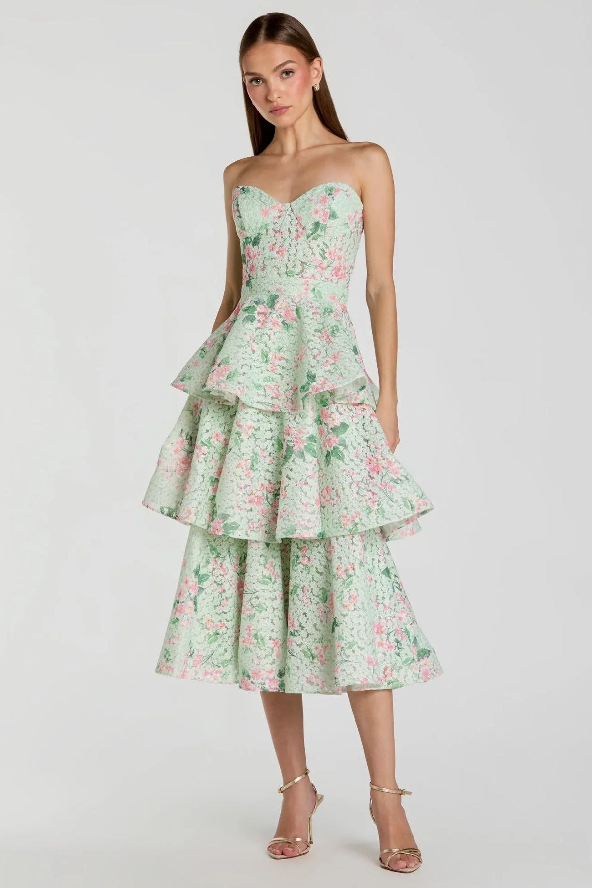 Sadie Strapless Tiered Midi Dress by Mac Duggal