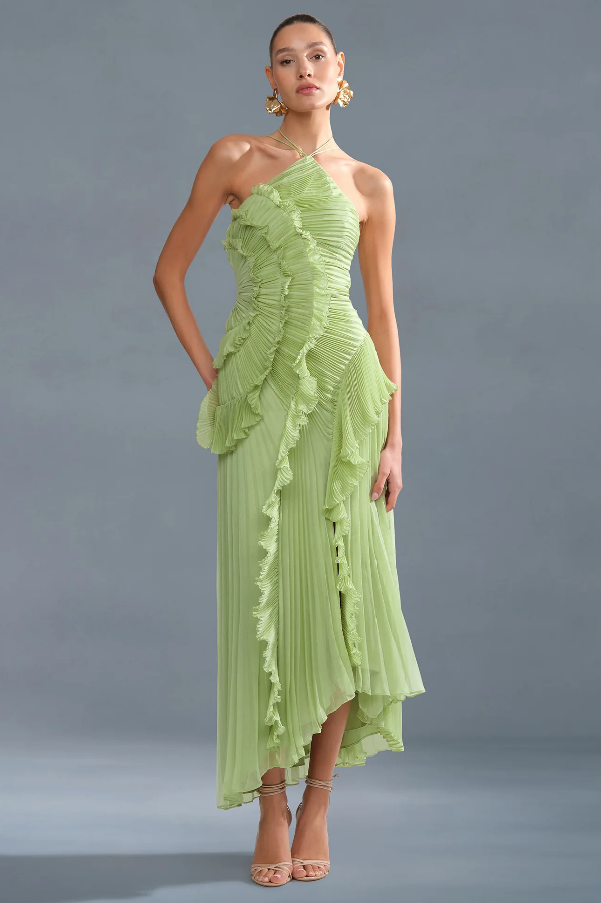 Lorelie Halter Gown in Sage Green by AMUR