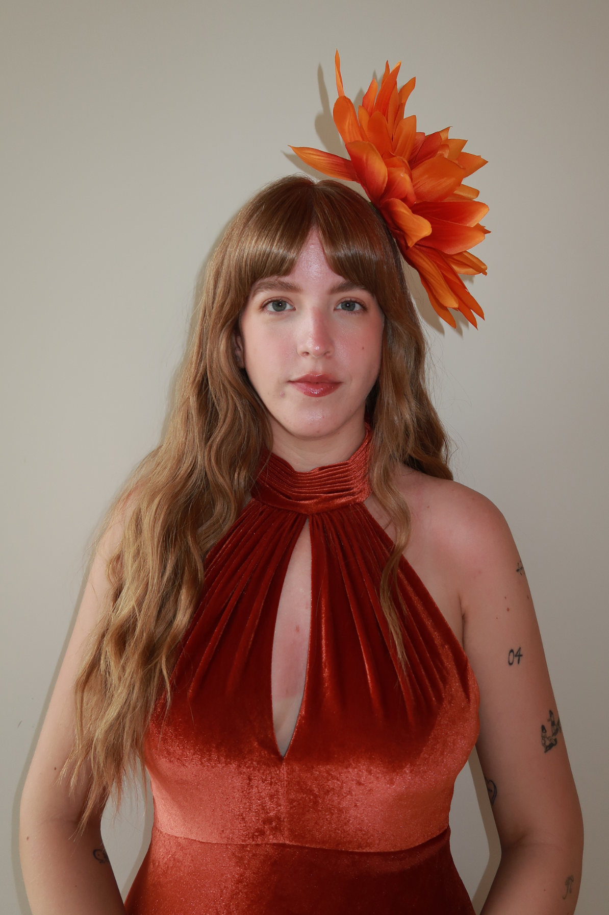orange dress with fascinator Orange tea party dress