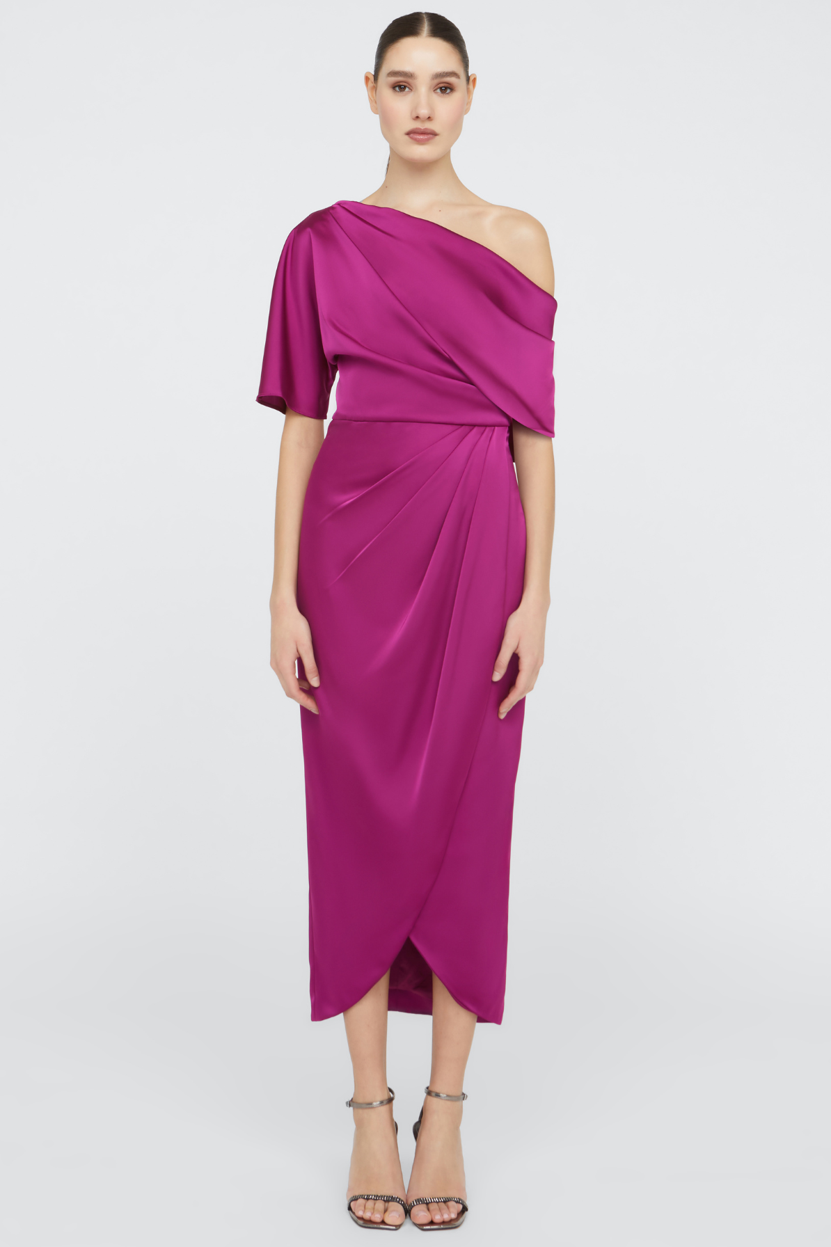 Rayna One Shoulder Draped Dress in Magenta by Theia Couture