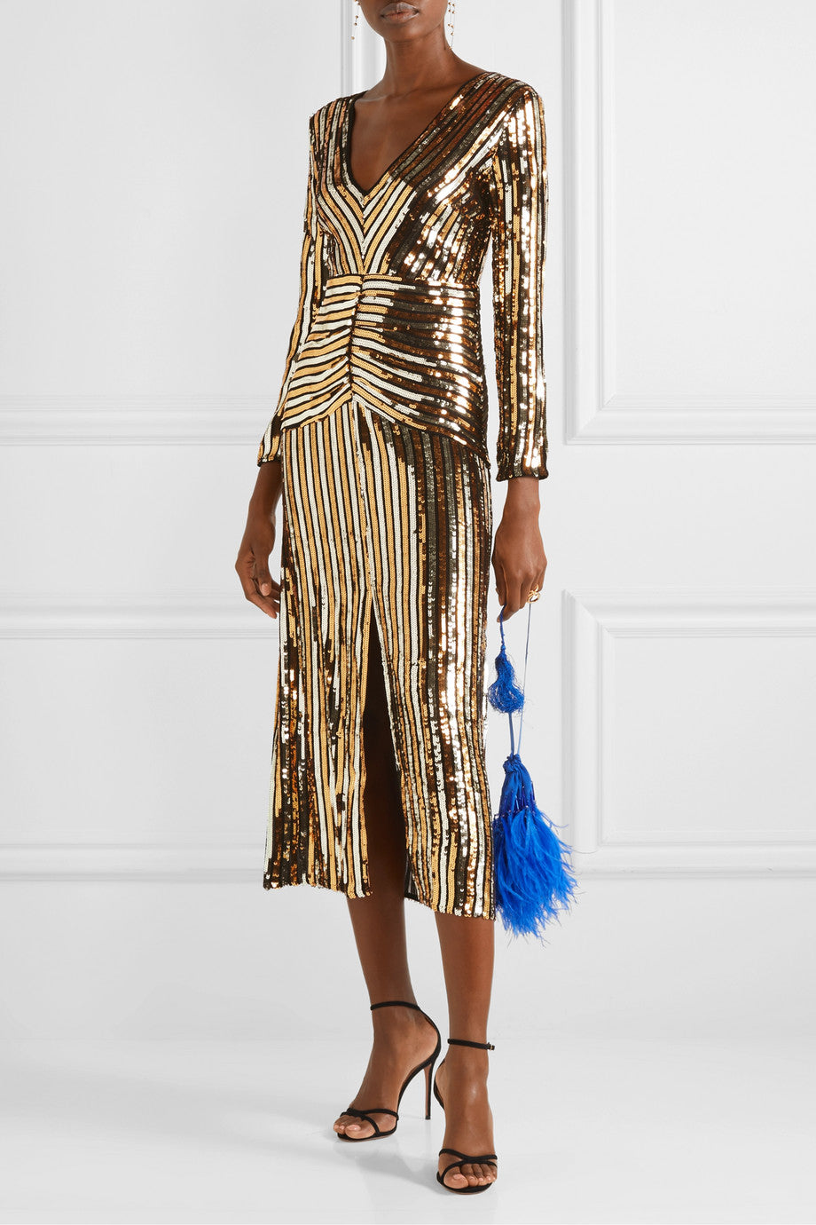 Emmy Gold Sequin Stripe Midi Dress by Rixo London - RENTAL