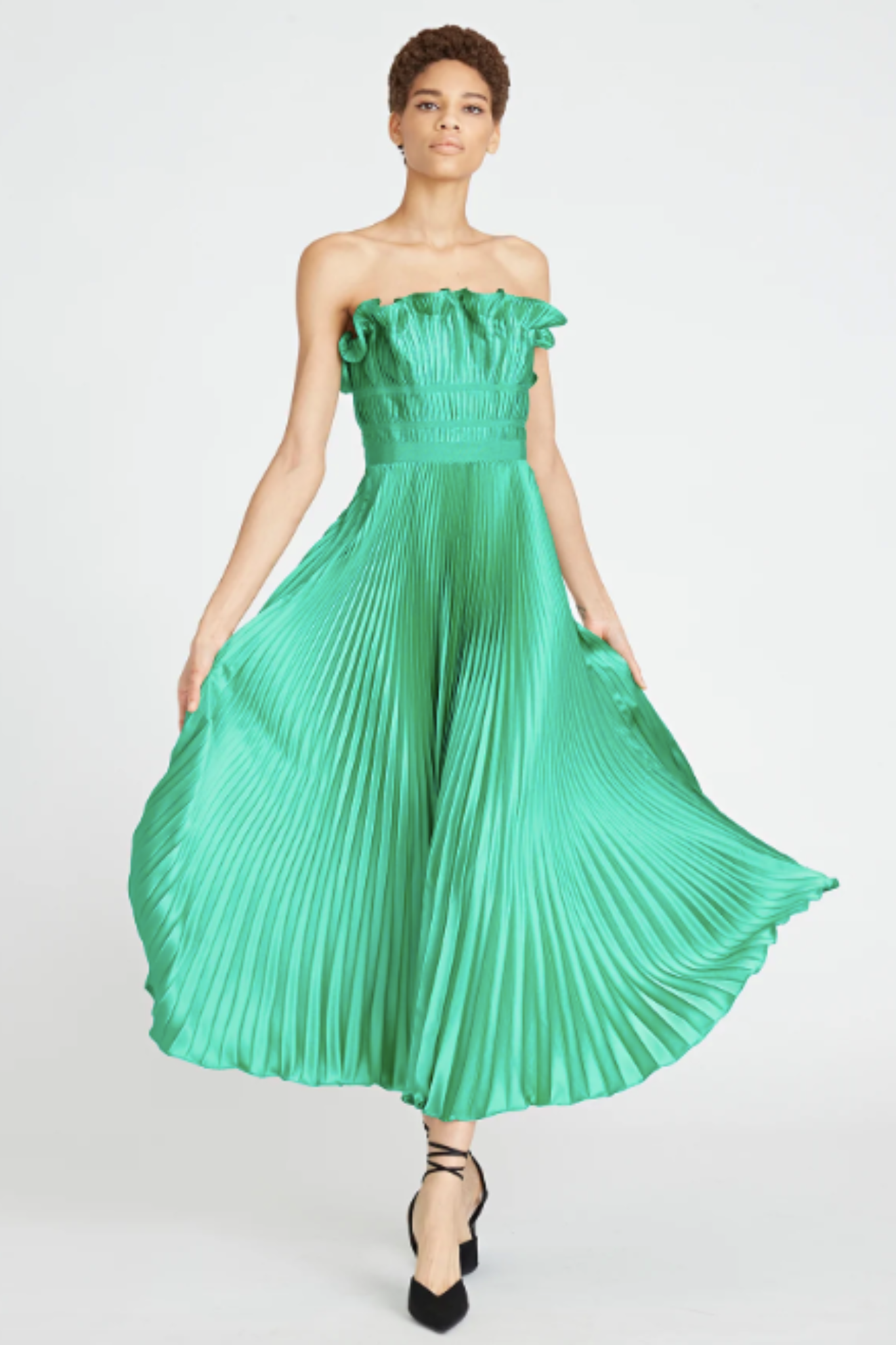 Giada Pleated Strapless Dress in Green by AMUR RENTAL The Fitzroy