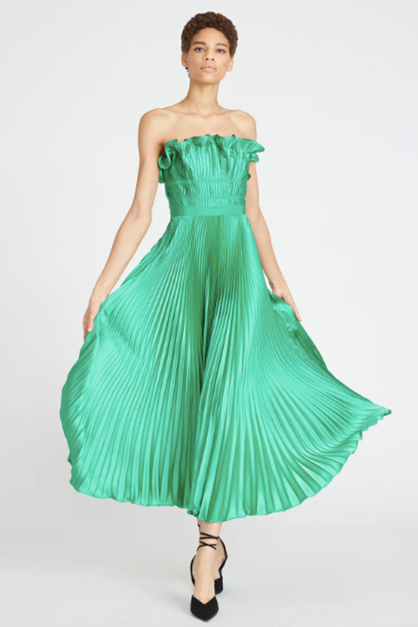 Giada Pleated Strapless Dress in Green by AMUR - RENTAL