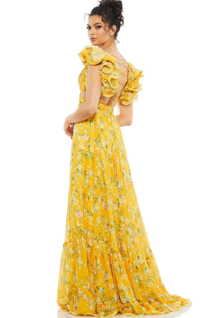 YELLOW RUFFLE TIERED FLORAL CUT-OUT CHIFFON GOWN MAC DUGGAL