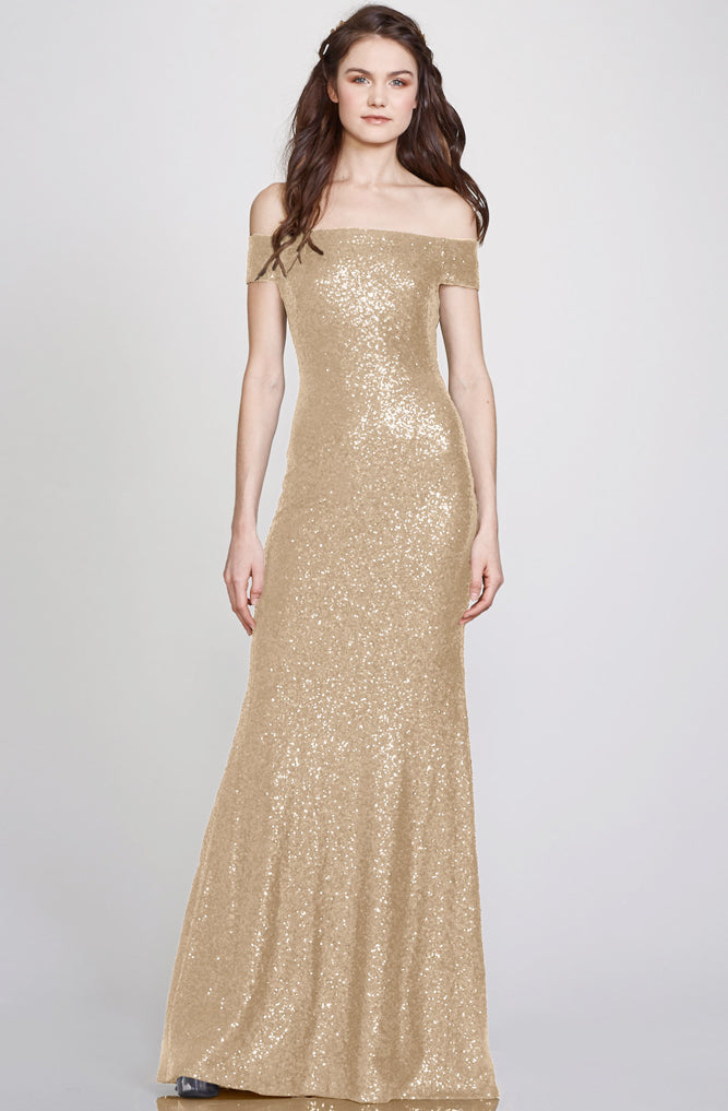 Leigh Off The Shoulder Gold Sequin Gown by Theia Couture RENTAL