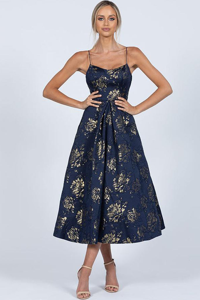 Nicola Navy Jacquard Tea Length Dress by Bariano Nicola Navy Jacquard Tea Length Dress by Bariano