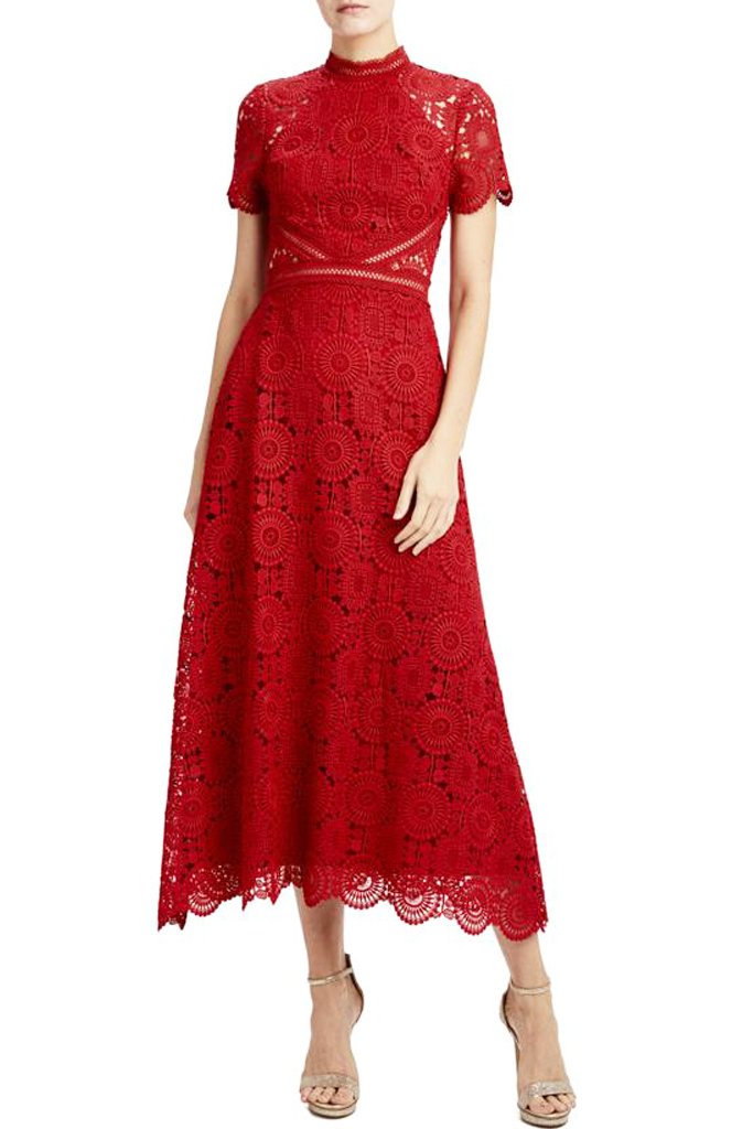 Georgina Lace Midi Dress in Red by ML Monique Lhuillier RENTAL The Fitzroy