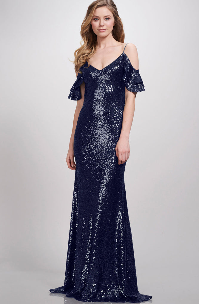 Scarlet Navy Sequin Cold Shoulder Gown by Theia Couture - RENTAL