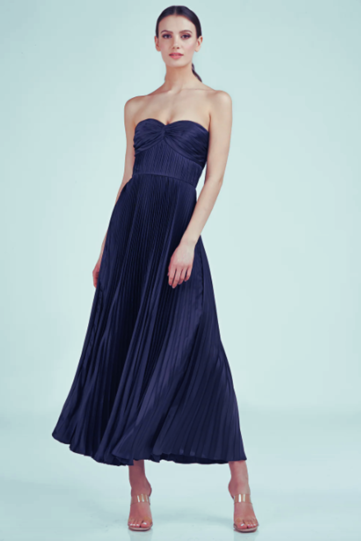 Belle Pleated Strapless Dress in Navy by AMUR