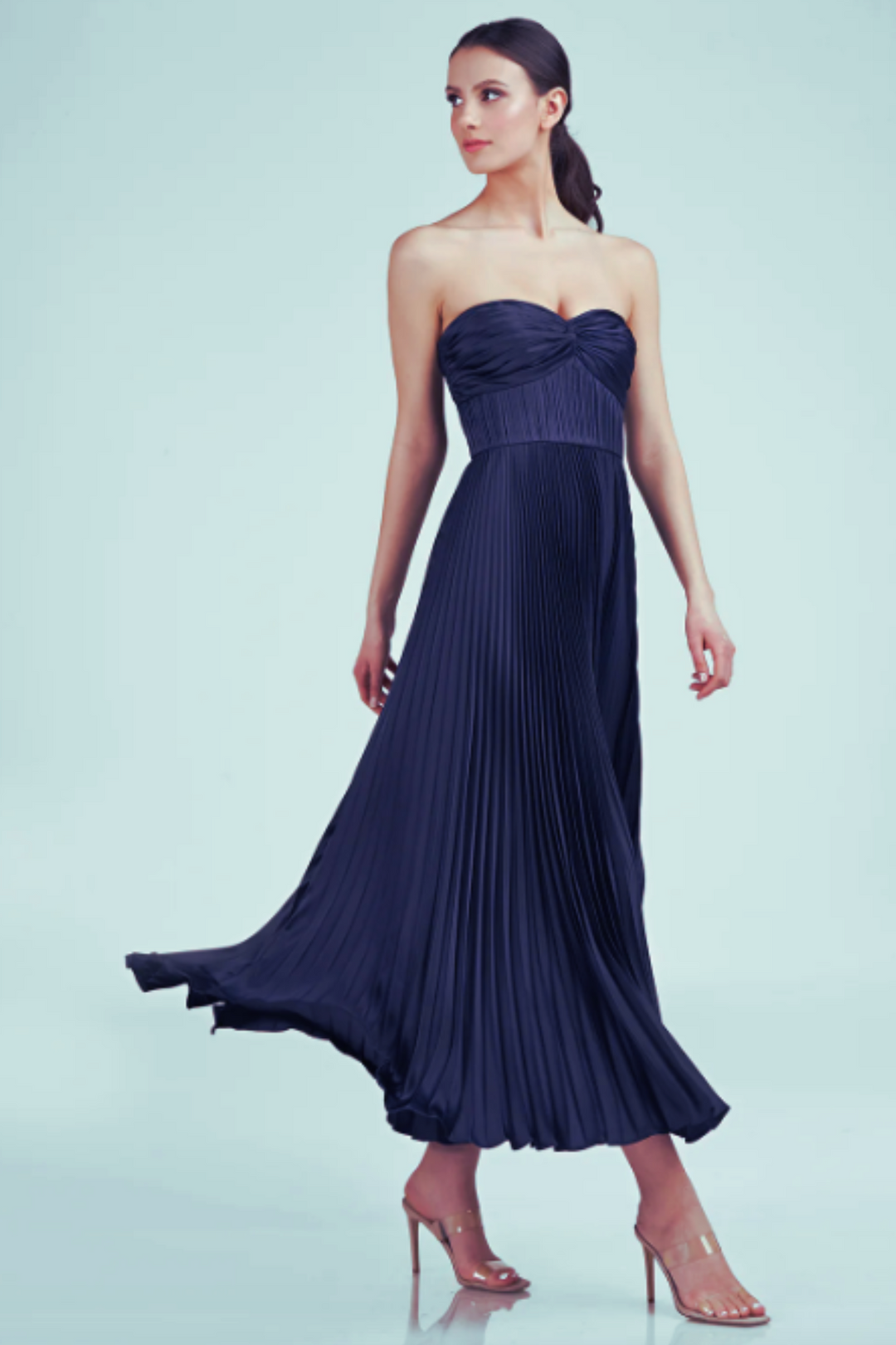 Belle Pleated Strapless Dress in Navy by AMUR