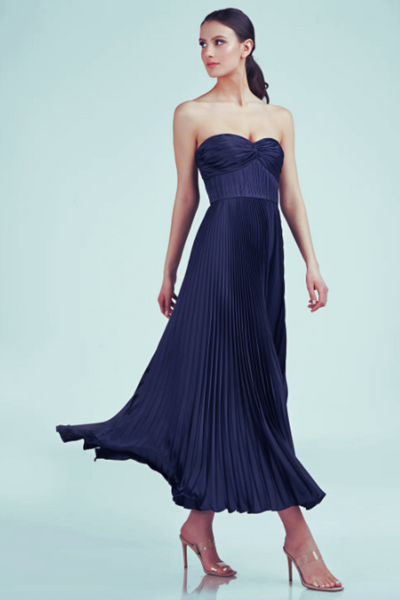 Belle Pleated Strapless Dress in Navy by AMUR - RENTAL