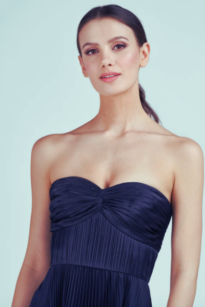 Belle Pleated Strapless Dress in Navy by AMUR - RENTAL