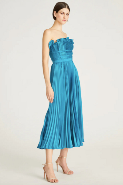 Giada Pleated Strapless Dress in Blue by AMUR - RENTAL