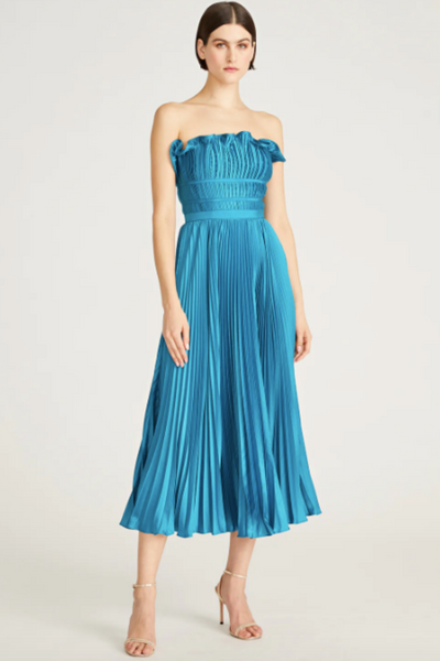 Giada Pleated Strapless Dress in Blue by AMUR - RENTAL