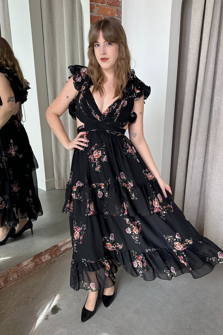 Barcelona Midi Dress in Black Floral by Mac Duggal - RENTAL – The