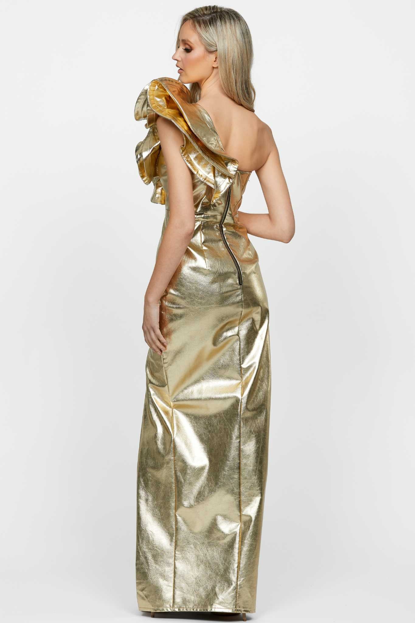 Rory One Shoulder Gown in Gold by Bariano - RENTAL