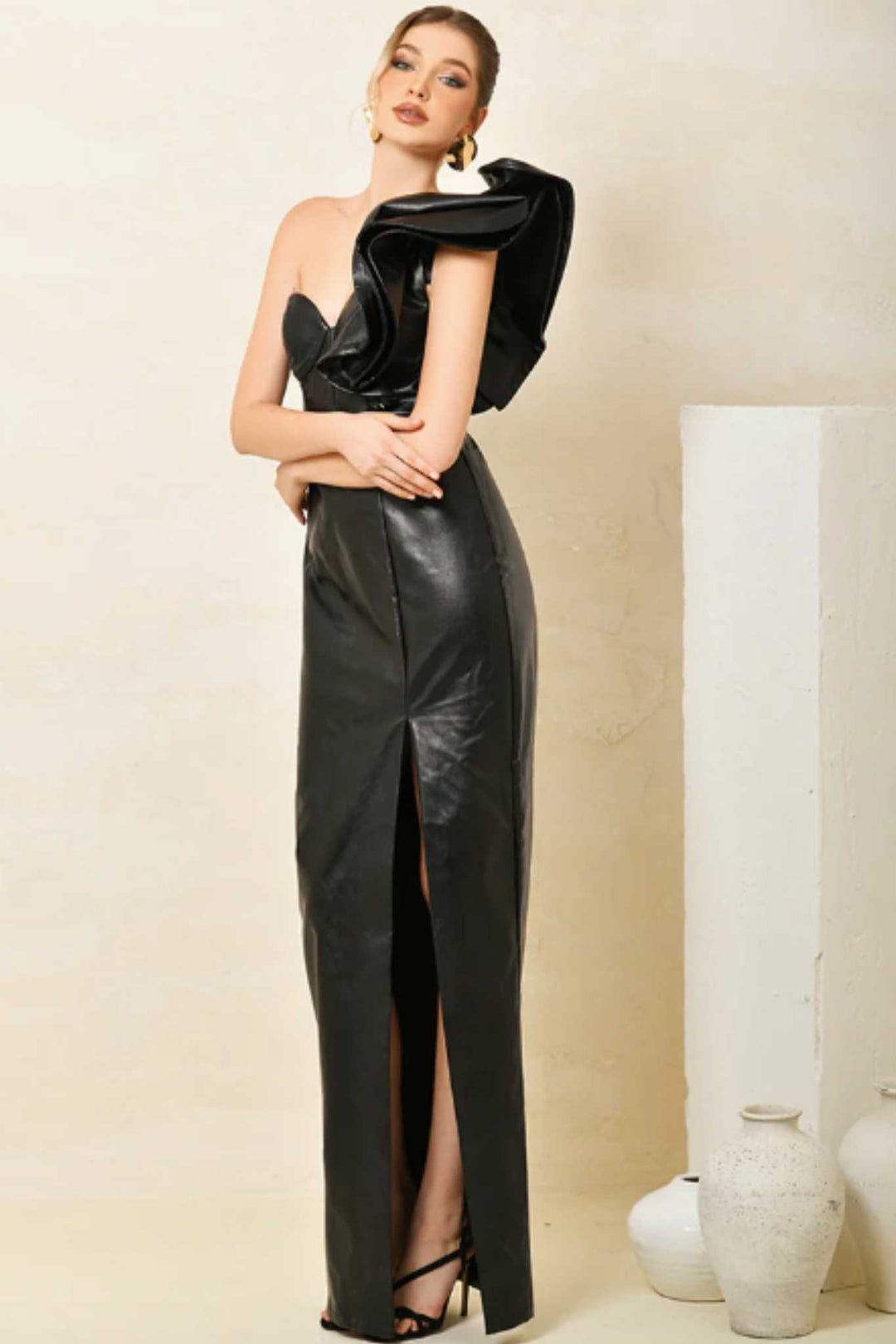 knee length dresses for ladies Rory One Shoulder Gown in Black by Bariano