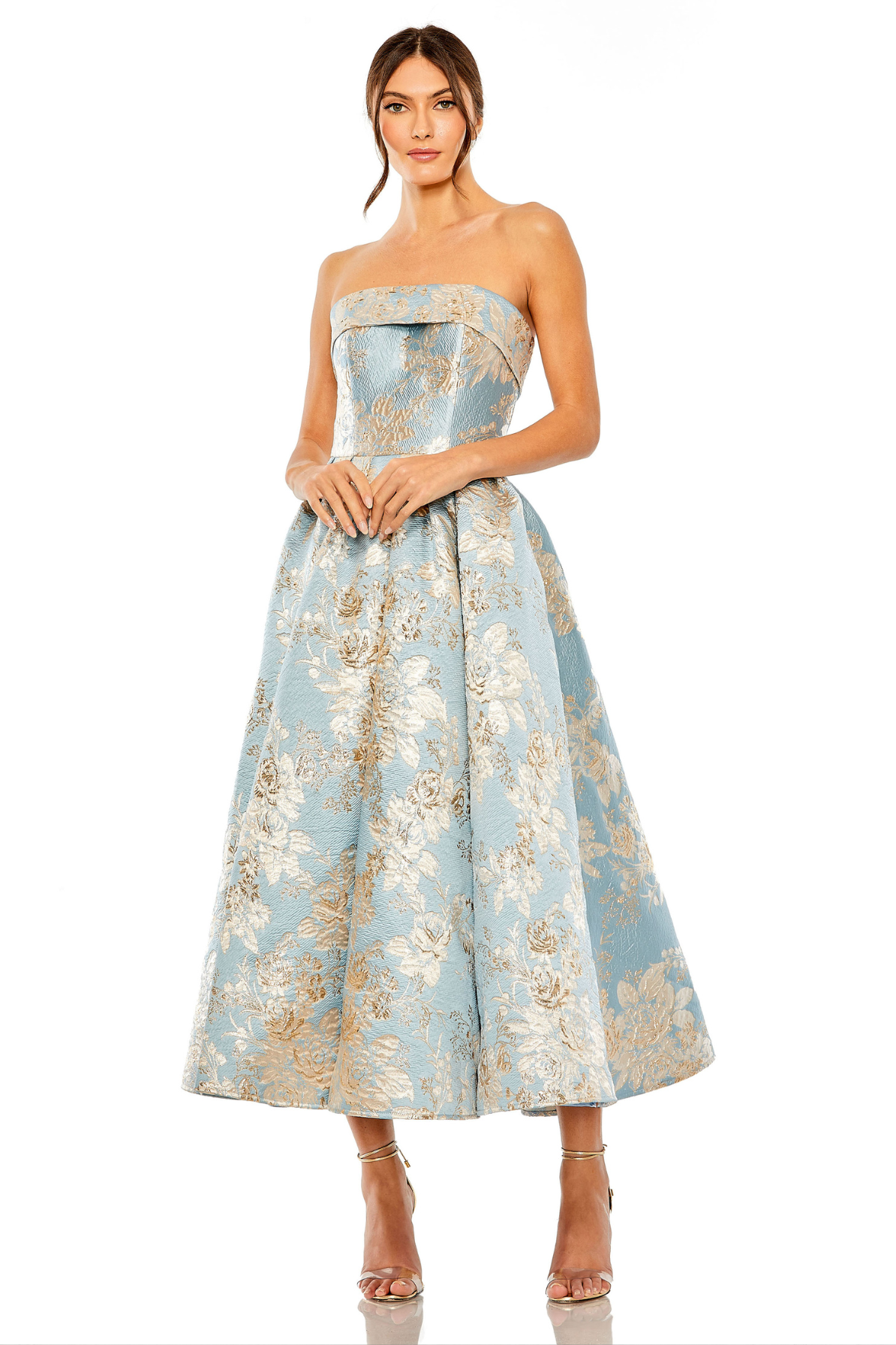 Blue-Strapless-Brocade-Midi-Dress-with-Pockets-macduggal-front