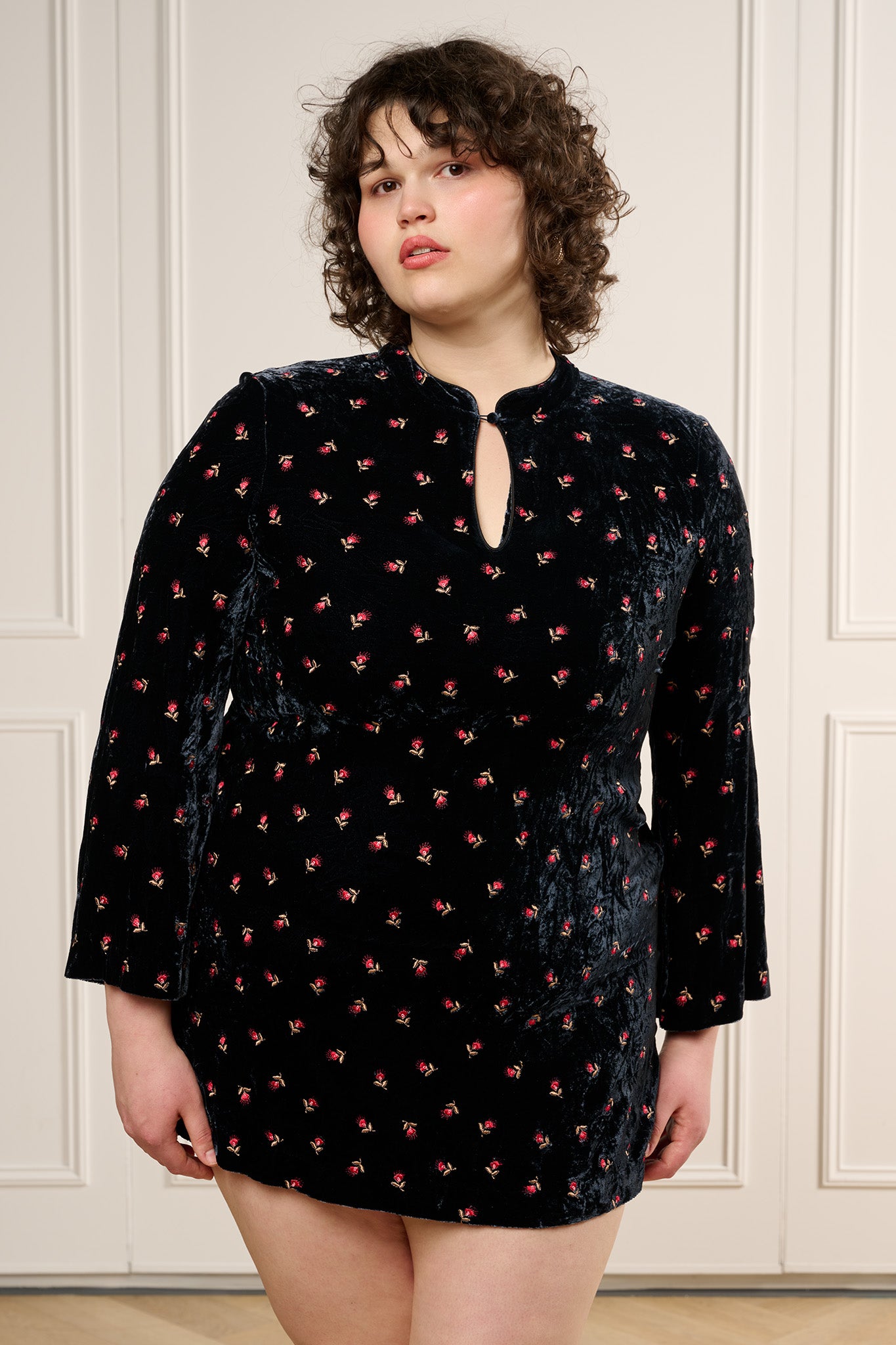 rixo calla velvet mini dress Calla Velvet Mini Dress in Black Blossom Embroidery Blue