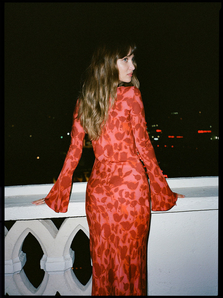 knee length dresses for ladies Hire REALISATION PAR The Gia Long Sleeve Maxi Dress in Havana Red   SUSTAINABLY. The Dress Hire