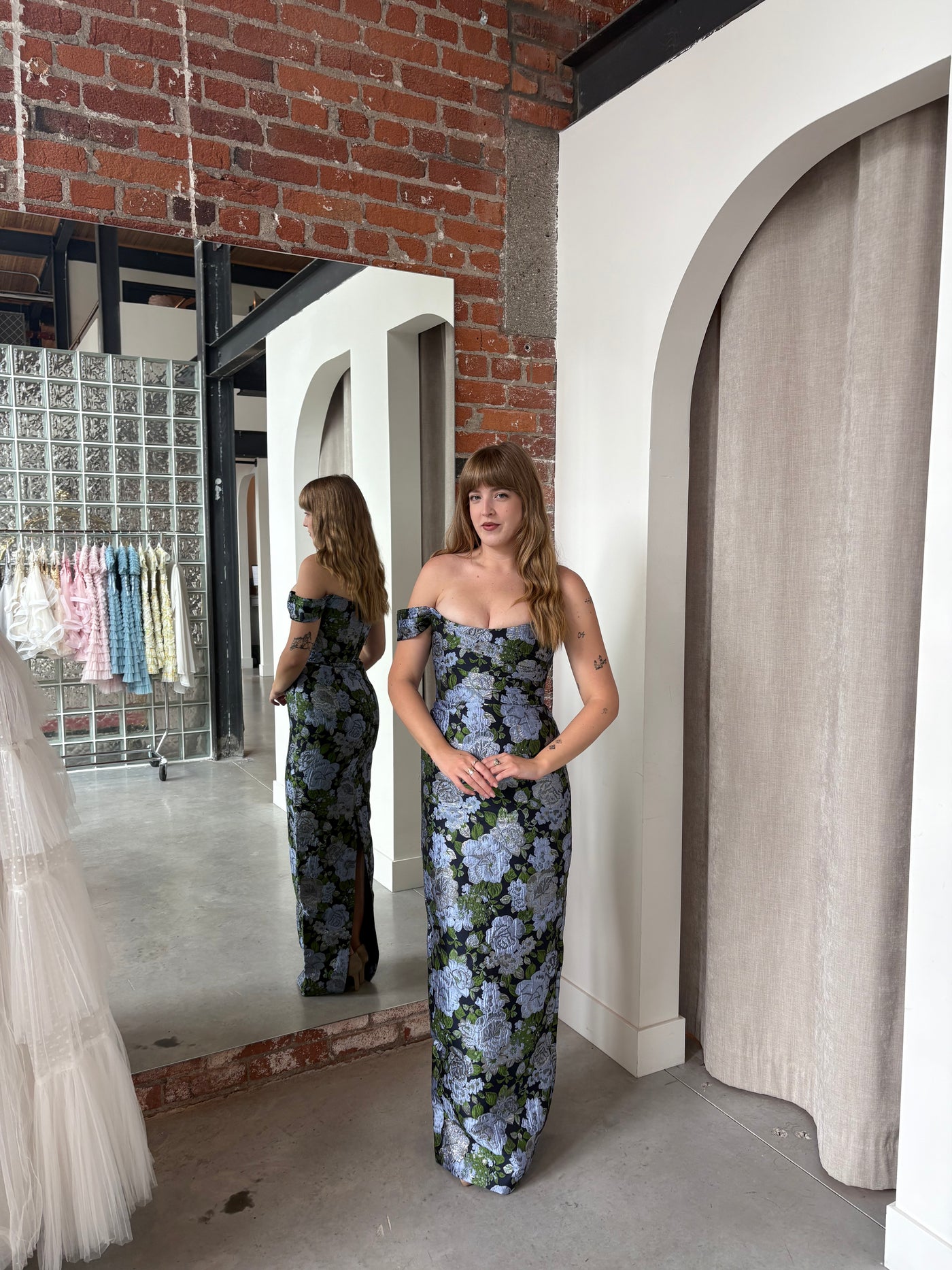 Jackson Jacquard Gown in Blue Floral by Sau Lee - RENTAL