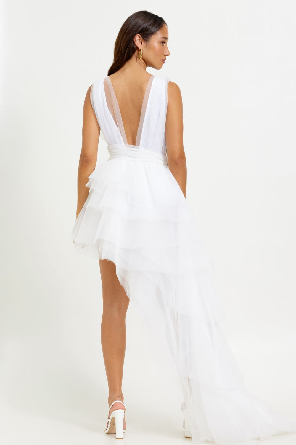 strapless open back dress Cocktail Hour Red Stretch Sleeveless Plunge Ruched Midi Dress
