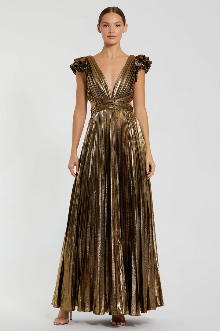 Cyrus Pleated Gown in Gold by Mac Duggal