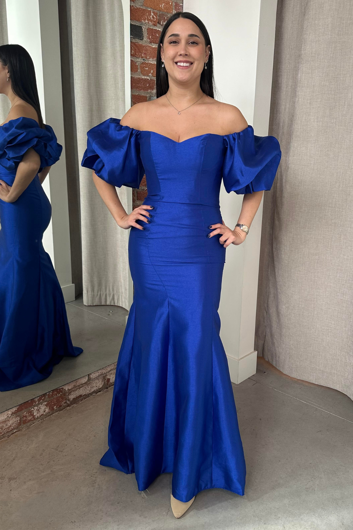 mac duggal royal blue dress Blue V-Neck Illusion Long Sleeve Chiffon Gown