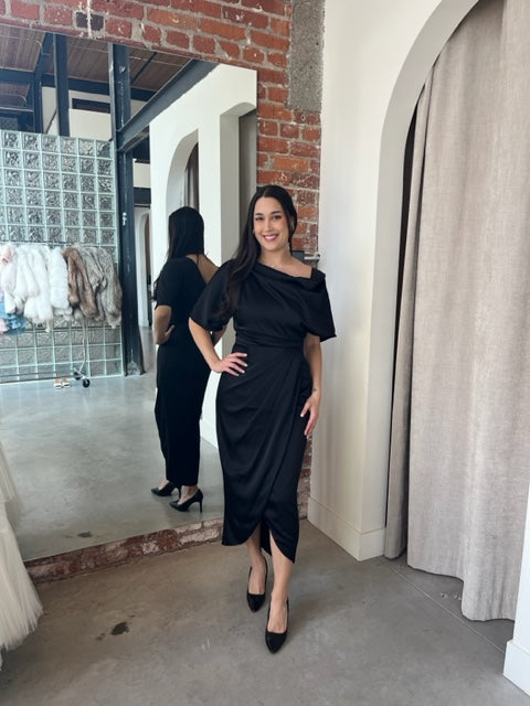 black one shoulder drape dress ANJA ONE SHOULDER DRAPED MAXI DRESS in BLACK