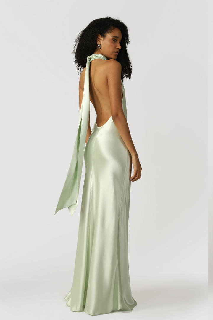 Penelope Satin Gown in Pistachio (Petite Length) by Sau Lee - RENTAL The Fitzroy Penelope Satin Gown in Pistachio (Petite Length) by Sau Lee - RENTAL The Fitzroy