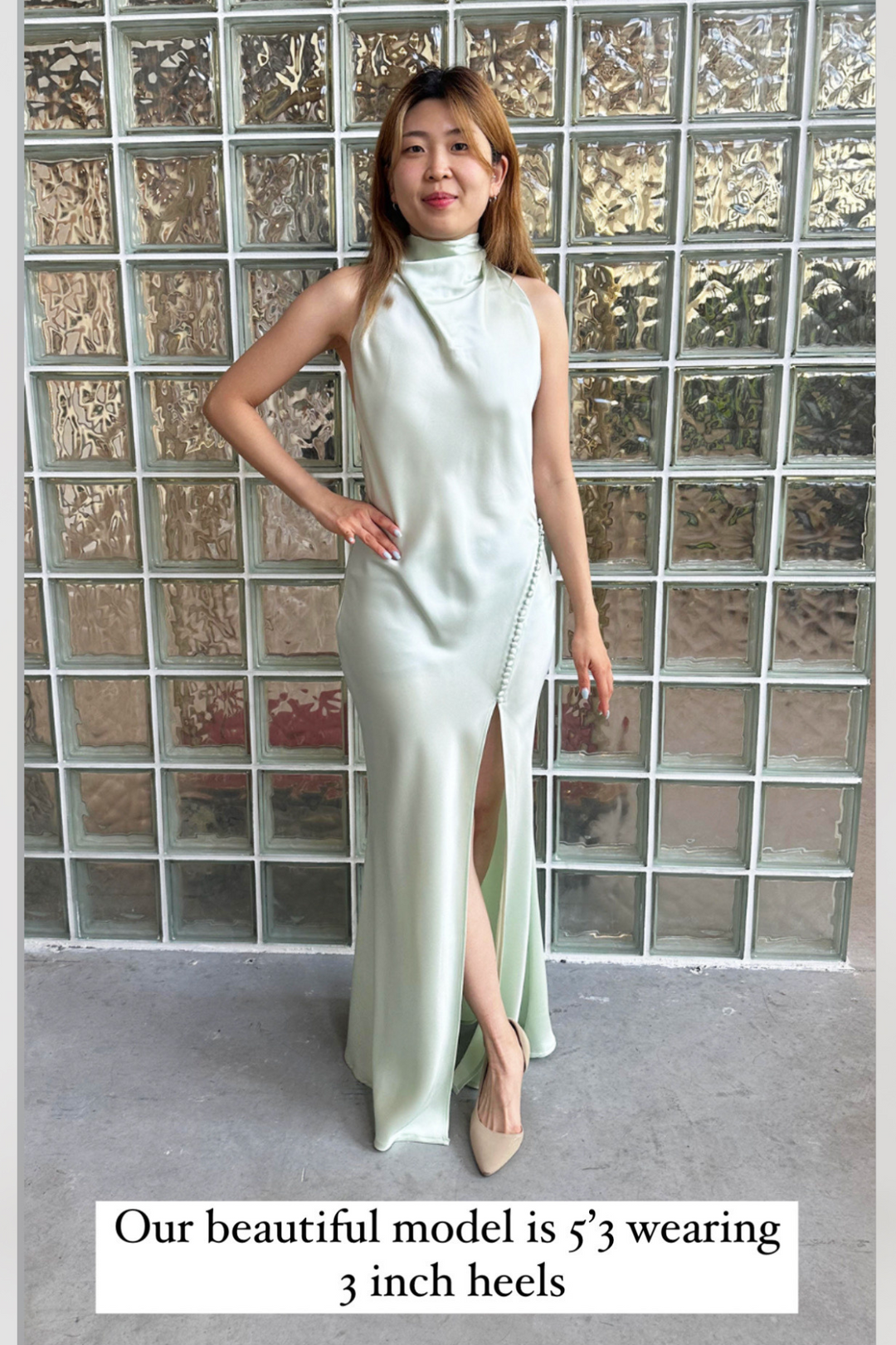 Penelope Satin Gown in Pistachio (Petite Length) by Sau Lee