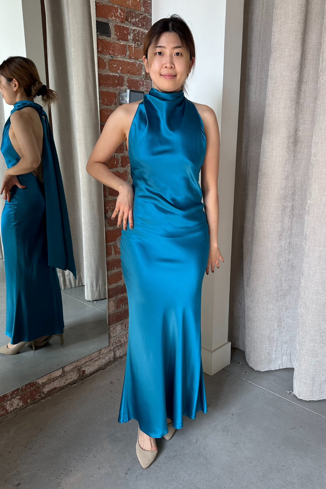 Pippa Petite Satin Gown in Peacock by Sau Lee - RENTAL The Fitzroy Pippa Petite Satin Gown in Peacock by Sau Lee - RENTAL The Fitzroy