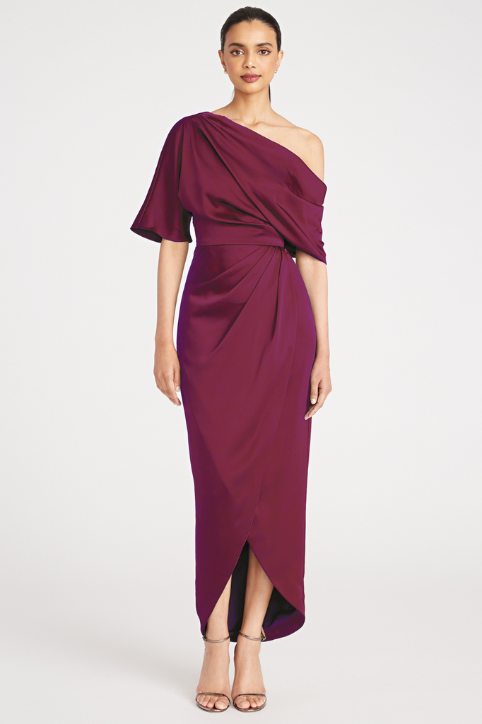 Rayna One Shoulder Draped Dress in Oxblood by Theia Couture
