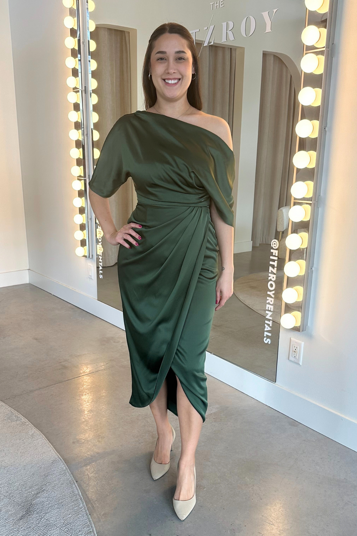 open lace back dress Rayna One Shoulder Draped Dress in Green by Theia Couture