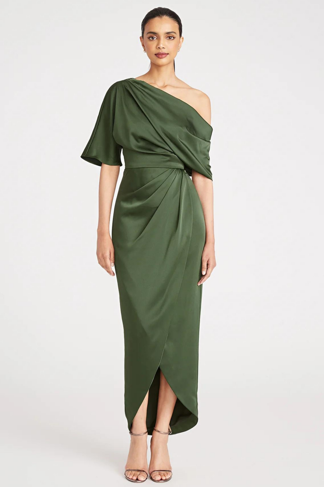 Rayna One Shoulder Draped Dress in Green by Theia Couture