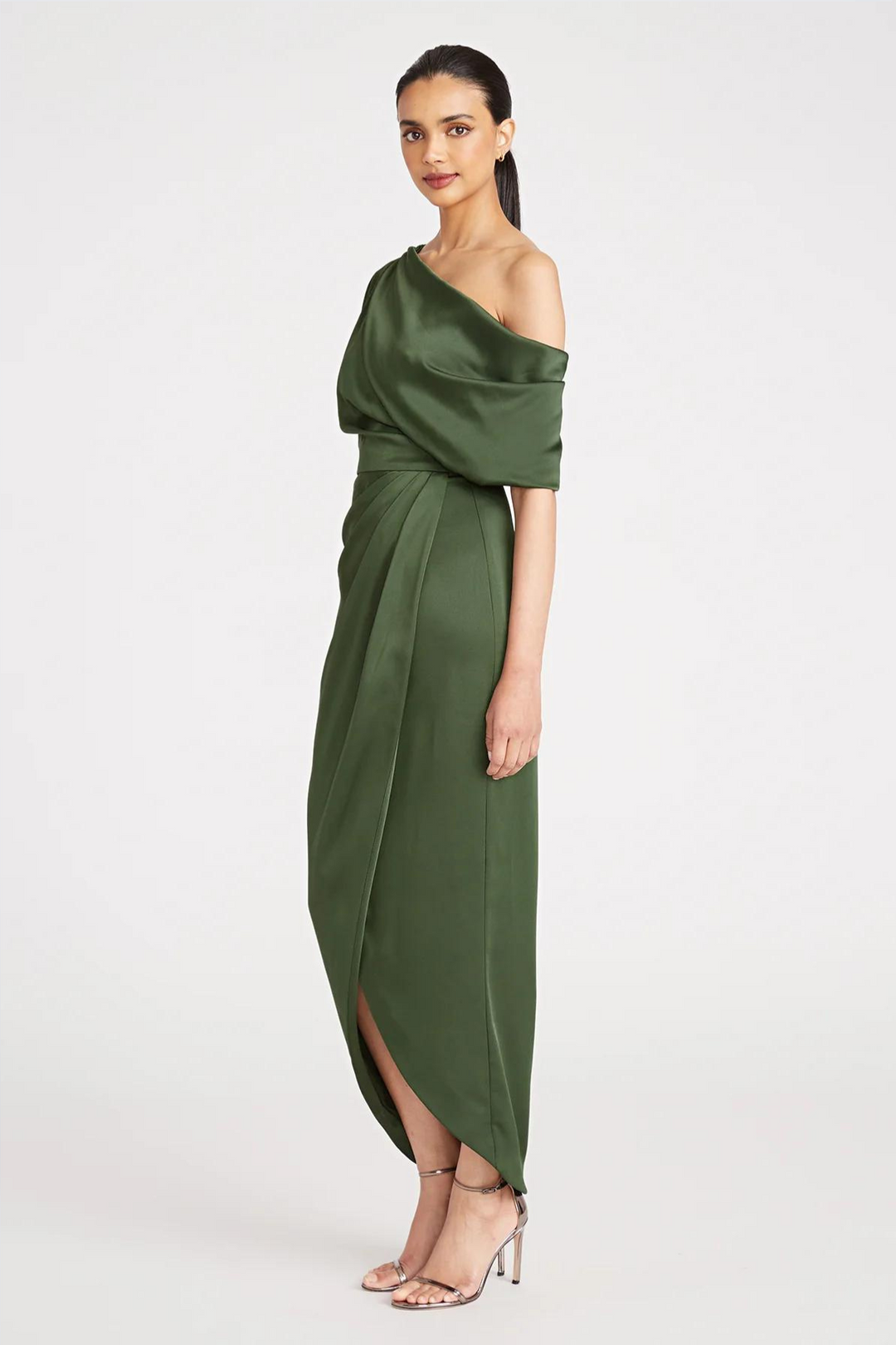 Rayna One Shoulder Draped Dress in Green by Theia Couture