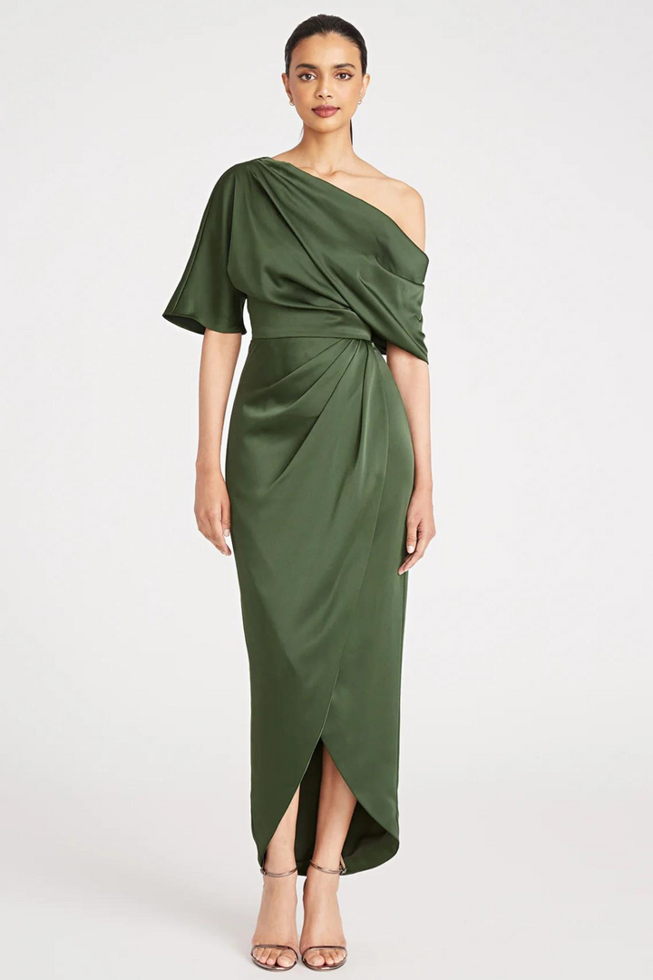 Rayna One Shoulder Draped Dress in Green by Theia Couture