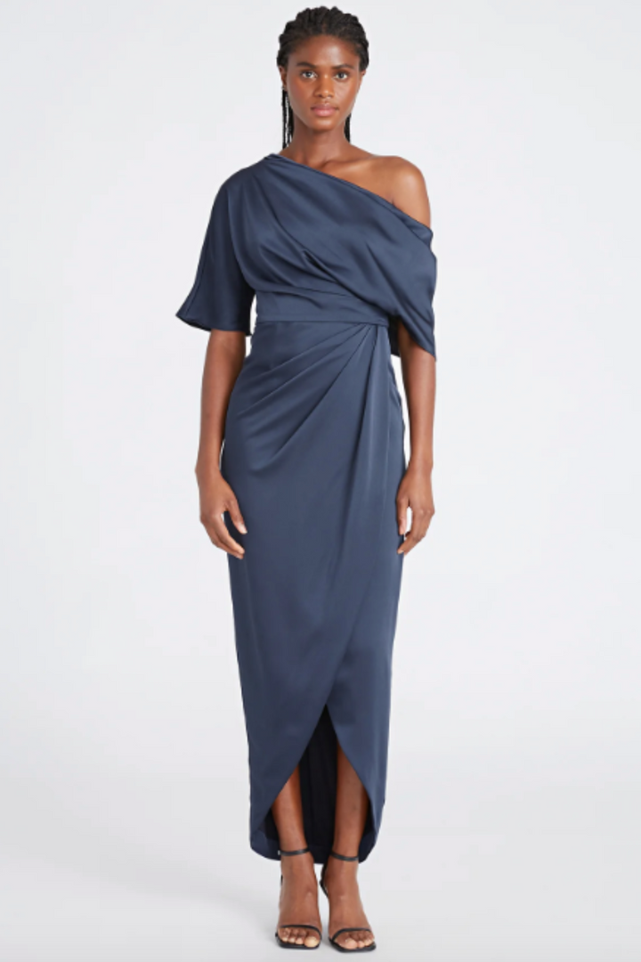 Rayna One Shoulder Draped Dress in Blue by Theia Couture