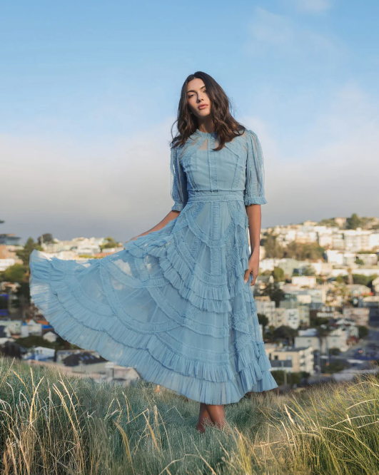 Periwinkle Ruffle Midi Dress by Mac Duggal - RENTAL The Fitzroy Periwinkle Ruffle Midi Dress by Mac Duggal - RENTAL The Fitzroy
