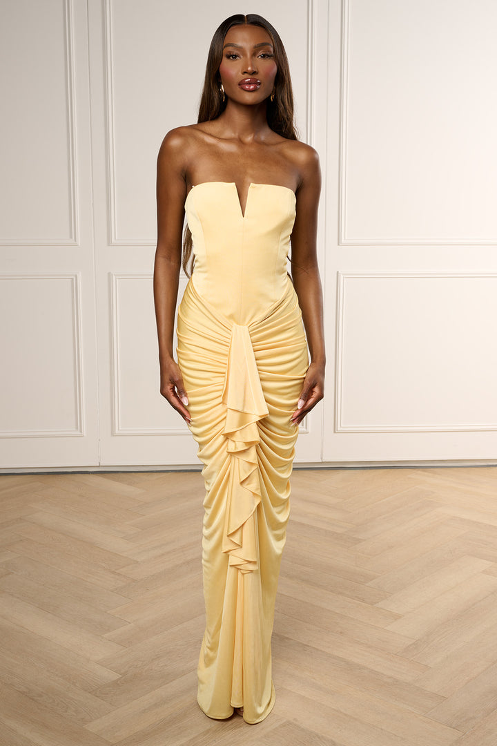selena ivory satin ruffle strapless dress Selena Gown by Et Ochs