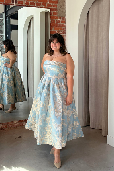 The-Fitzroy-Blue-Strapless-Brocade-Midi-Dress-with-Pockets-macduggal-front