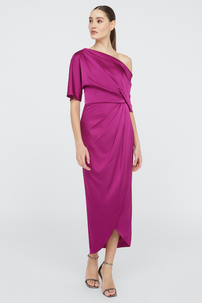 Rayna One Shoulder Draped Dress in Magenta by Theia Couture - RENTAL