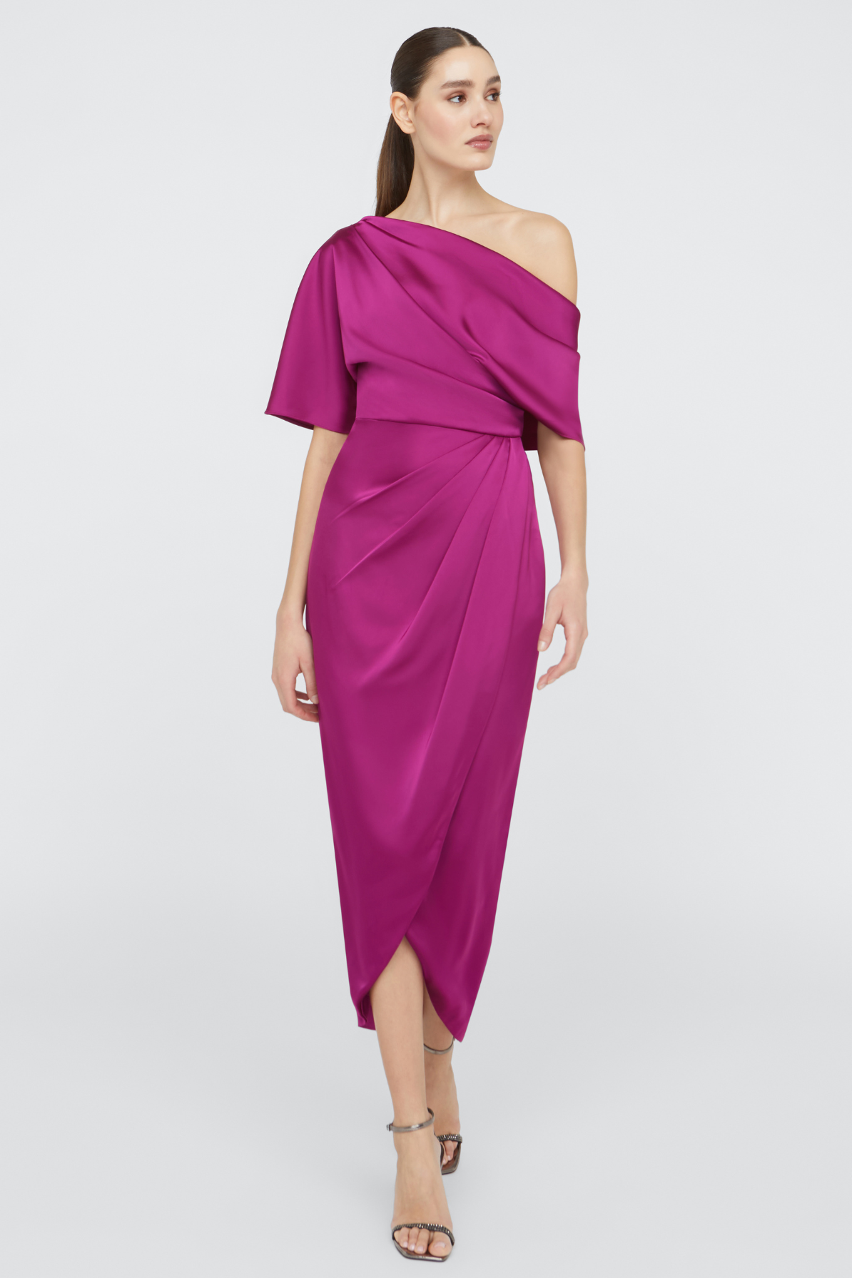 Rayna One Shoulder Draped Dress in Magenta by Theia Couture - RENTAL